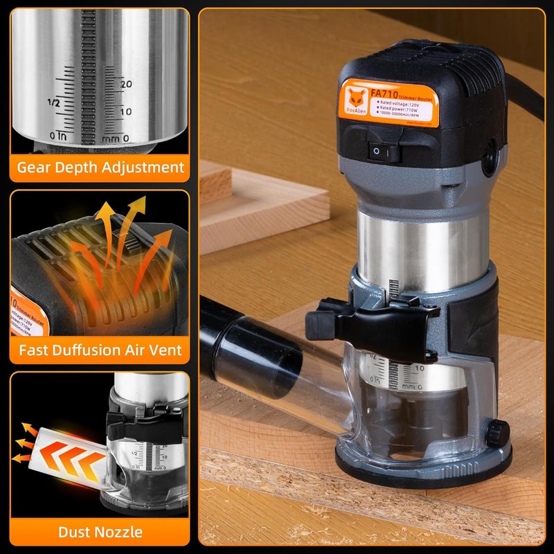 FoxAlien 1HP 710W 65mm Diameter Compact Palm Router for CNC Woodworking,6 Variable Speeds Max 30000 R/MIN Wood Trimmer with 1/4” Collet (110V) - Image 4